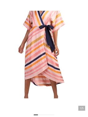 Women’s Tina Turk Pink Multi-Stripe Wrap Dress with Navy Trim
